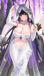 Rule 34 | 1girl, absurdly long hair, animal ears, arm up, azur lane, black hair, breasts, bridal gauntlets, bridal veil, choker, closed mouth, colored inner hair, dress, facial mark, flower, fox ears, fox girl, glint, hand up, highres, jewelry, large breasts, long hair, looking at viewer, multicolored hair, musashi (azur lane), musashi (purest wisteria) (azur lane), official alternate costume, purple hair, qing wu, revealing clothes, ring, rose, see-through, smile, solo, tassel, tree, veil, very long hair, wedding dress, wedding ring, whisker markings, white choker, white flower, white rose, yellow eyes