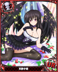 Rule 34 | 1girl, black gloves, black hair, black panties, black thighhighs, black wings, bow, breasts, card (medium), character name, chess piece, choker, cleavage, covered erect nipples, dress, food, fruit, gloves, gothic lolita, high school dxd, large breasts, lolita fashion, long hair, looking at viewer, lying, official art, on side, panties, pawn (chess), pink eyes, raynare, smile, solo, strawberry, thighhighs, trading card, underwear, wings