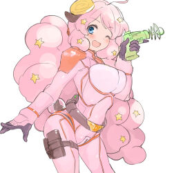 Rule 34 | 1girl, ;d, ahoge, animal ears, blue eyes, bodysuit, breasts, cowboy shot, energy gun, gun, hair ornament, highres, holding, holding gun, holding weapon, large breasts, leaning forward, long hair, looking at viewer, moa (show by rock!!), nyama, one eye closed, open mouth, pink bodysuit, pink hair, ray gun, show by rock!!, simple background, smile, solo, star (symbol), star hair ornament, tail, trigger discipline, very long hair, weapon, white background