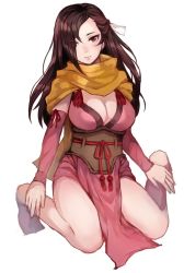 Rule 34 | 1girl, bow, breasts, brown eyes, brown hair, cleavage, closed mouth, commentary request, detached sleeves, fire emblem, fire emblem fates, fire emblem heroes, full body, hair over one eye, head tilt, jurge, kagero (fire emblem), large breasts, long hair, looking at viewer, ninja, nintendo, pelvic curtain, ponytail, sash, scarf, sitting, solo, swept bangs, underbust, very long hair, wariza, white bow, yellow scarf