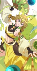 Rule 34 | 1girl, animal ears, bare shoulders, bike shorts, breasts, bridal gauntlets, brown hair, crop top, detached sleeves, dual wielding, duel monster, fox ears, green eyes, green hair, hair between eyes, hand fan, heichi, highres, holding, holding fan, hu-li the jewel mikanko, long sleeves, medium breasts, midriff, multicolored hair, nail polish, navel, parted lips, short hair with long locks, solo, streaked hair, twintails, yu-gi-oh!