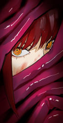 Rule 34 | blood, blood on face, chainsaw man, covered mouth, dark background, intestines, looking at viewer, makima (chainsaw man), medium hair, red hair, ringed eyes, sailen0, sidelocks, solo, yellow eyes