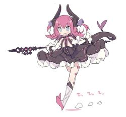 Rule 34 | 10s, 1girl, :d, armor, armored boots, black dress, blade (galaxist), blue eyes, blush, boots, commentary request, curled horns, detached sleeves, dragon girl, dragon horns, dragon tail, dress, elizabeth bathory (fate), elizabeth bathory (fate/extra ccc), elizabeth bathory (first ascension) (fate), fang, fate/extra, fate/extra ccc, fate (series), full body, grey footwear, hair between eyes, hair ribbon, holding, horns, knee boots, long hair, long sleeves, open mouth, pink hair, purple ribbon, ribbon, smile, solo, standing, standing on one leg, tail, two side up