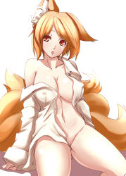 Rule 34 | 1girl, animal ears, blonde hair, bottomless, breasts, cleavage, dearmybrothers, covered erect nipples, female focus, fox ears, fox tail, highres, large breasts, multiple tails, naked shirt, navel, no bra, off shoulder, open clothes, open mouth, open shirt, red eyes, shirt, short hair, sideboob, solo, tail, touhou, yakumo ran