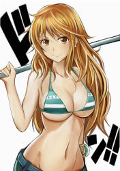 Rule 34 | 1girl, bangle, bikini, bikini top only, bracelet, breasts, brown eyes, brown hair, cleavage, collarbone, commentary request, earrings, jewelry, large breasts, log pose, long hair, looking at viewer, nami (one piece), nannacy7, navel, one piece, revision, simple background, smile, solo, standing, striped bikini, striped clothes, swimsuit, underboob, white background