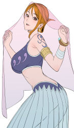 Rule 34 | 1girl, absurdres, alternate costume, arm tattoo, armpit crease, ass, bandaged arm, bandages, bare shoulders, bracelet, breasts, brown eyes, butt crack, commentary, earrings, eyelashes, highres, jewelry, large breasts, long skirt, looking at viewer, medium hair, nami (one piece), one piece, open mouth, orange hair, parted lips, pleated skirt, simple background, skirt, solo, tattoo, teeth, upper teeth only, uukkaa, veil, white background