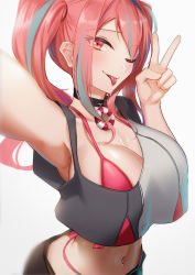 Rule 34 | 1girl, ;), ;p, armpits, azur lane, bikini, bikini under clothes, black choker, breasts, bremerton (azur lane), choker, cleavage, commentary request, crop top, crop top overhang, grey background, grey hair, grey shirt, hands up, highres, large breasts, lodbyy, long hair, looking at viewer, midriff, multicolored hair, navel, one eye closed, partial commentary, pink bikini, pink eyes, pink hair, shirt, smile, solo, stomach, streaked hair, swimsuit, tongue, tongue out, twintails, upper body, v