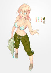 Rule 34 | 1girl, ahoge, bikini, bikini top only, blonde hair, blue eyes, breasts, capri pants, cleavage, collarbone, color guide, full body, highres, large breasts, long hair, mustard seeds, navel, open mouth, original, pants, shoes, solo, standing, swimsuit, yuuji (and)