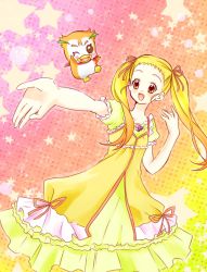 Rule 34 | 00s, 1girl, bad id, bad pixiv id, bird, blonde hair, brown eyes, creature, dress, frills, kasugano urara (yes! precure 5), long hair, namizou, one eye closed, outstretched hand, precure, smile, star (symbol), syrup (yes! precure 5), twintails, wink, yellow dress, yes! precure 5