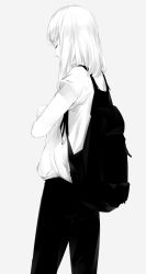 Rule 34 | 1girl, backpack, bag, cowboy shot, crossed arms, closed eyes, from behind, greyscale, highres, long hair, monochrome, simple background, solo, sousou (sousouworks), standing, white background