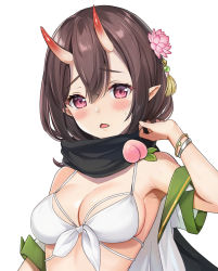 Rule 34 | 1girl, arm up, armpits, azuki yui, bare shoulders, bikini, black scarf, bracelet, breasts, brown hair, cleavage, close-up, enpera, fang, flower, food, front-tie bikini top, front-tie top, fruit, hair between eyes, hair flower, hair ornament, highres, horns, jewelry, looking at viewer, medium breasts, multi-strapped bikini, oni horns, open clothes, open mouth, open shirt, original, peach, pink eyes, pink flower, pointy ears, scarf, shirt, short hair, short sleeves, sidelocks, simple background, solo, sweatdrop, swimsuit, tassel, upper body, white background, white bikini, white shirt