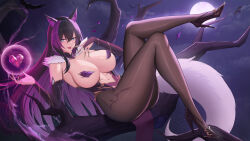 Rule 34 | 1girl, absurdres, animal ears, ass, bird, black footwear, black hair, black pantyhose, blue eyes, breasts, claw ring, convenient censoring, crow, detached sleeves, finger to mouth, full body, full moon, gold trim, high heels, highres, huge breasts, kitsune, large tail, long hair, looking at viewer, lying, magic, mizugaiya, moon, night, night sky, on back, original, pantyhose, purple hair, shoes, sitting on branch, sky, solo, stiletto heels, tail, tongue, tongue out, ultra-13, very long hair, white tail