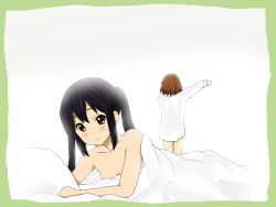 Rule 34 | 2girls, bad id, bad pixiv id, bed, bed sheet, black hair, blush, brown hair, from behind, giri-chan, highres, hirasawa yui, k-on!, lying, multiple girls, nakano azusa, naked sheet, naked shirt, outstretched arm, pillow, see-through, see-through silhouette, shirt, short hair, silhouette, smile, twintails, yuri