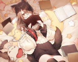 Rule 34 | 1girl, a20 (atsumaru), animal ear fluff, animal ears, bed, beret, black thighhighs, book, breasts, brown eyes, brown hair, chain, cleavage, collar, covering face, dress, glasses, hair ornament, hat, highres, light up, long sleeves, looking at viewer, lying, medium breasts, nail polish, official art, on back, one eye closed, pillow, reading, red hat, red nails, round eyewear, sleeves past wrists, smile, solo, stuffed toy, sweater, sweater dress, tail, thighhighs, virtual youtuber, wolf ears, wolf girl, wolf tail, yuzuki uru