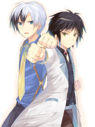 Rule 34 | 2boys, aqua eyes, black hair, black pants, black shirt, blue shirt, brown eyes, brown pants, clenched hand, fist pump, highres, jacket, jude mathis, long sleeves, ludger will kresnik, male focus, multicolored hair, multiple boys, necktie, open mouth, overalls, pants, rento (rukeai), shirt, silver hair, simple background, smile, tales of (series), tales of xillia, tales of xillia 2, white background, white jacket, yellow neckwear