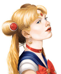 Rule 34 | 1girl, acrylic paint (medium), bishoujo senshi sailor moon, blonde hair, blue eyes, blue sailor collar, bow, choker, circlet, commentary, crescent, crescent choker, crescent earrings, double bun, earrings, english commentary, erik krenz, from side, hair bun, hair ornament, highres, jewelry, long hair, looking at viewer, magical girl, painting (medium), parted bangs, parted lips, portrait, realistic, red bow, red choker, sailor collar, sailor moon, sailor senshi uniform, simple background, solo, traditional media, tsukino usagi, twintails, white background