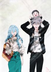 Rule 34 | 1girl, 2021, 2boys, absurdres, aged down, aged up, alternate hairstyle, artbook, ayanami rei, blue hair, carrying, child, child carry, dated, evangelion: 3.0+1.0 thrice upon a time, family, grey hair, highres, ikari shinji, light rays, long hair, multiple boys, nagisa kaworu, neon genesis evangelion, official art, page number, rebuild of evangelion, scan, signature