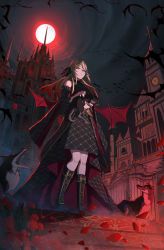 Rule 34 | 1girl, absurdres, animal, bare shoulders, bat (animal), bat wings, blonde hair, blood, bloody tears, boots, castle, chinese commentary, clock, clock tower, cracked skin, detached sleeves, dress, duel monster, fingernails, full body, gate, glowing, glowing eyes, gradient hair, highres, holding, holding animal, long hair, moon, multicolored hair, night, open mouth, outdoors, red eyes, red hair, red moon, slit pupils, solo, tower, vampire, vampire fraulein, wings, wolf, yu-gi-oh!, yuanhe mx