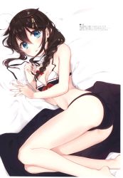 Rule 34 | 1girl, absurdres, ass, bare shoulders, bed sheet, bikini, blue eyes, blush, bow, bra, braid, breasts, brown hair, cleavage, fingernails, hair bow, hair ornament, highres, huge filesize, jewelry, kantai collection, long hair, looking at viewer, lying, medium breasts, naoto (tulip), on side, panties, red bow, ring, scan, shigure (kancolle), shiny skin, single braid, solo, swimsuit, underwear