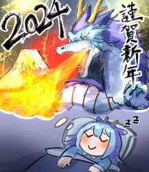 Rule 34 | 2024, absurdres, blue hair, breath weapon, breathing fire, dragon, dragon girl, dragon horns, dragonmaid nudyarl, dreaming, duel monster, fire, hatano kiyoshi, highres, horns, laundry dragonmaid, mount fuji, new year, sleeping, yellow eyes, yu-gi-oh!, zzz