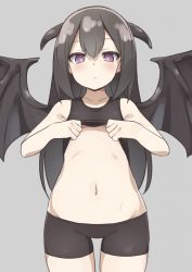 Rule 34 | 1girl, abarabone, bike shorts, black hair, blush, closed mouth, collarbone, cowboy shot, demon girl, demon horns, demon wings, grey background, highres, horns, lifting own clothes, long hair, looking at viewer, navel, original, purple eyes, simple background, solo, stomach, tank top, thighs, wide hips, wings