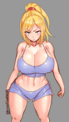 Rule 34 | 1girl, bare shoulders, blonde hair, blue eyes, breasts, covered erect nipples, grey background, gun, highres, holding, holding gun, holding weapon, huge breasts, long hair, looking at viewer, metroid, midriff, navel, nintendo, ponytail, samus aran, shorts, simple background, solo, sweat, weapon, wide hips, wolffeld price