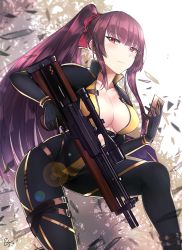 Rule 34 | 1girl, absurdres, adapted costume, alternate hairstyle, blush, breasts, bullpup, cleavage, girls&#039; frontline, gloves, gun, highres, kneeling, large breasts, long hair, looking at viewer, ponytail, purple hair, red eyes, rifle, scope, sniper rifle, solo, wa2000 (girls&#039; frontline), walther, walther wa 2000, weapon, zhishi ge fangzhang