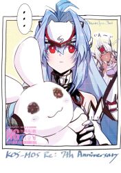 ... 2girls artist_name blue_hair bright_pupils bunnie commentary_request dark-skinned_female dark_skin forehead_protector glasses kos-mos kos-mos_re: long_hair multiple_girls nanami_shingu red_eyes smile spoken_ellipsis t-elos translation_request twitter_username v white_hair white_pupils xenoblade_chronicles_(series) xenoblade_chronicles_2 xenosaga