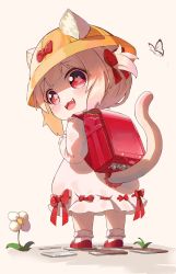 Rule 34 | 1girl, :3, amai hiyo, amai hiyo channel, animal ear fluff, animal ears, backpack, bag, blonde hair, blunt bangs, bow, cat ears, cat girl, cat tail, child, clothing cutout, eason870408, fangs, flower, full body, hair ribbon, hat, highres, kindergarten, kindergarten bag, kindergarten uniform, looking back, open mouth, red eyes, red footwear, ribbon, school hat, shaded face, short twintails, sidelocks, socks, solo, symbol-shaped pupils, tail, tail through clothes, twintails, virtual youtuber