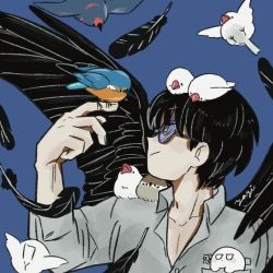 Rule 34 | 1boy, bird, black hair, black wings, blue background, closed mouth, collared shirt, commentary, eurasian tree sparrow, feathered wings, feathers, glasses, grey shirt, hand up, highres, java sparrow, male focus, open clothes, open shirt, original, pointy nose, shirt, simple background, smile, solo, sousa820, sparrow, traditional youkai, white java sparrow, wings, yellow eyes