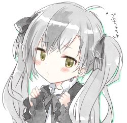 Rule 34 | black bow, black dress, black hair, blush, bow, brown eyes, closed mouth, colored shadow, dress, drop shadow, grey hair, hair bow, hands up, kamiyoshi rika, long hair, long sleeves, multicolored hair, nijisanji, shadow, sleeves past wrists, solo, streaked hair, suzuki masaru, translation request, twintails, upper body, virtual youtuber, white background