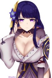 Rule 34 | 1girl, absurdres, armor, bent over, breasts, cleavage, closed mouth, collarbone, commentary, english commentary, exy exii, flower, genshin impact, hair ornament, highres, japanese clothes, kimono, large breasts, long hair, long sleeves, looking at viewer, mole, mole under eye, purple eyes, purple flower, purple hair, raiden shogun, ribbon, shoulder armor, simple background, solo, tassel, white background, wide sleeves