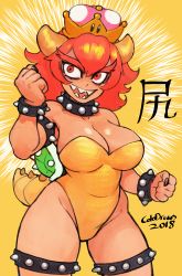 Rule 34 | 1girl, absurdres, armlet, black collar, black nails, bowsette, bracelet, breasts, cleavage, clenched hands, collar, colo (nagrolaz), cowboy shot, crown, dark-skinned female, dark skin, dated, eyebrows, fingernails, hair between eyes, highleg, highleg leotard, highres, horns, huge filesize, jewelry, large breasts, leotard, mario (series), nail polish, new super mario bros. u deluxe, nintendo, open mouth, red eyes, red hair, sharp fingernails, sharp teeth, signature, smile, solo, spiked armlet, spiked bracelet, spiked collar, spiked shell, spiked tail, spikes, strapless, strapless leotard, super crown, tail, teeth, turtle shell, wide hips, yellow background, yellow leotard