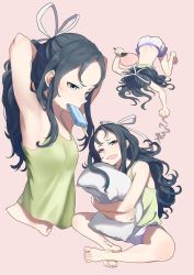 Rule 34 | 10s, 1girl, alternate hairstyle, armpits, bad id, bad twitter id, black hair, blue eyes, camisole, commentary request, dying message, food, hair between eyes, hair ribbon, hand fan, high ponytail, ice cream, kantai collection, katsuragi (kancolle), long hair, hugging object, pillow, ribbon, shorts, simple background, smile, solo, sweatdrop, tachikoma (mousou teikoku), wavy hair, white ribbon