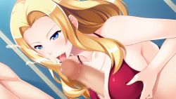 Rule 34 | 1boy, 1girl, amami taito, bare shoulders, blonde hair, blue eyes, blush, breasts squeezed together, breasts, censored, cum, ejaculation, game cg, happy, hetero, hitozuma swimming club, ino (magloid), interheart, kayashima aki, large breasts, long hair, looking at another, mosaic censoring, paizuri, penis, smile, solo focus, swimsuit, tongue