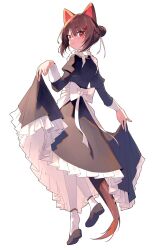 Rule 34 | animal ears, black dress, blonde hair, braid, brown hair, closed mouth, dog ears, dog tail, dress, flower, frilled dress, frills, from behind, full body, hair bun, hair flower, hair ornament, heterochromia, highres, inui toko, inui toko (7th costume), juliet sleeves, long sleeves, looking back, maid, nijisanji, puffy sleeves, red eyes, shoes, short hair, simple background, skirt hold, sukuna136, tail, virtual youtuber, white background