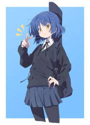 Rule 34 | 1girl, black pantyhose, black sweater, blue background, blue hair, blue skirt, blunt bangs, blush, bocchi the rock!, border, collared shirt, commentary request, eitopondo, hair ornament, hairclip, highres, hime cut, instrument case, long sleeves, looking at viewer, medium hair, mole, mole under eye, pantyhose, pleated skirt, puffy sleeves, school uniform, shade, shimokitazawa high school uniform, shirt, sidelocks, skirt, smile, solo, sweater, v, white border, white shirt, yamada ryo