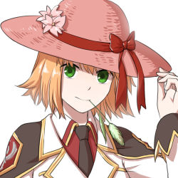 Rule 34 | 1girl, black necktie, blazer, blonde hair, bow, cattail, closed mouth, collared shirt, commentary request, flower, genetic (ragnarok online), green eyes, hair between eyes, hat, hat bow, hat flower, hat tip, jacket, long sleeves, looking at viewer, mouth hold, natsuya (kuttuki), necktie, official alternate costume, pink flower, pink hat, plant, ragnarok online, red bow, red shirt, shirt, short hair, simple background, smile, solo, stalk in mouth, sun hat, upper body, white background, white jacket
