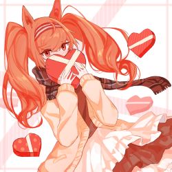 Rule 34 | 1girl, alternate costume, angelina (arknights), animal ears, arknights, blush, box, brown scarf, brown skirt, cardigan, casual, covering face, embarrassed, fox ears, full-face blush, gift, hairband, haitu kira, heart, heart-shaped box, highres, holding, holding gift, layered skirt, long hair, long sleeves, open cardigan, open clothes, orange hair, plaid, plaid scarf, red eyes, red hairband, scarf, skirt, solo, two-tone hairband, very long hair, white skirt, yellow cardigan