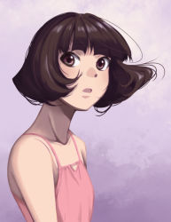 Rule 34 | 1girl, bob cut, breasts, brown eyes, brown hair, camisole, gradient background, ixola, looking at viewer, open mouth, original, simple background, small breasts, wind