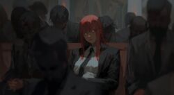 Rule 34 | 1girl, 6+others, 96yottea, black jacket, black necktie, black suit, chainsaw man, closed mouth, collared shirt, formal, hair between eyes, highres, indoors, jacket, light smile, long hair, looking at viewer, makima (chainsaw man), multiple others, necktie, no pupils, people, red hair, shirt, sidelocks, sitting, solo focus, suit, white shirt, yellow eyes