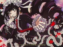 Rule 34 | 1990s (style), 1girl, artist name, black hair, black jacket, black nails, black skirt, blush, celestia ludenberg, center frills, collared shirt, commentary, criis-chan, danganronpa: trigger happy havoc, danganronpa (series), drill hair, earrings, english commentary, english text, frilled sleeves, frills, headdress, jacket, jewelry, lace, lace-trimmed skirt, lace trim, layered skirt, long hair, long sleeves, looking at viewer, multicolored background, nail polish, necktie, open clothes, open jacket, petals, print necktie, red necktie, retro artstyle, shirt, skirt, smile, solo, sparkle, subtitled, sweat, teeth, twin drills, twintails, white shirt
