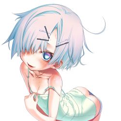 Rule 34 | 1girl, ass, blue eyes, blush, child, freckles, hair ornament, hair over one eye, hairclip, highres, looking at viewer, md5 mismatch, open mouth, original, sakuya tsuitachi, shirt tug, short hair, silver hair, solo, strap slip, sweat, transparent background, wavy mouth