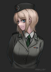 1girl absurdres blonde_hair blue_eyes buttoned_up_jacket collared_shirt compass east_germany east_germany_military_uniform epaulettes grey_background hammer hat highres laurel_wreath looking_to_the_side mardjan military military_hat military_uniform nationale_volksarmee necktie original shirt short_hair