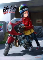 Rule 34 | 1girl, abazu-red, black hair, black pants, brown eyes, brown gloves, closed mouth, commentary, cross-laced footwear, day, english commentary, english text, gloves, hat, helmet, highres, jacket, logo, motor vehicle, motorcycle, motorcycle helmet, multicolored clothes, multicolored hat, original, outdoors, pants, pants under skirt, red jacket, shadow, shoes, short hair, skirt, smile, sneakers, solo, sparkle, suzuki, twitter username, white footwear, yellow skirt