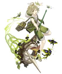 Rule 34 | 1boy, ahoge, bag, bug, butterfly, butterfly net, full body, green eyes, green hair, hand net, hood, hoodie, insect, ji no, long nose, looking at viewer, male focus, official art, one eye closed, pinocchio (sinoalice), sandals, shorts, shoulder bag, sinoalice, sleeveless, solo, teeth, tongue, tongue out, transparent background, upper teeth only