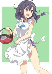 Rule 34 | 10s, 1girl, :d, ahoge, animal print, apron, bare legs, blue one-piece swimsuit, bow, fish print, flipped hair, floating hair, frilled apron, frills, from side, gradient hair, green background, grey hair, hair over shoulder, happy, holding, kantai collection, ladle, long hair, looking to the side, low twintails, multicolored hair, one-piece swimsuit, open mouth, pot, purple eyes, purple hair, scrunchie, shimouki izui, simple background, smile, solo, standing, swimsuit, swimsuit under apron, swimsuit under clothes, taigei (kancolle), twintails