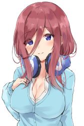 Rule 34 | 1girl, blue cardigan, breasts, buttons, cardigan, cleavage, closed mouth, collarbone, commentary request, go-toubun no hanayome, hair between eyes, hand on own chest, hand up, head tilt, headphones, headphones around neck, highres, large breasts, long hair, long sleeves, looking at viewer, minikon, nakano miku, red hair, shirt, sidelocks, simple background, smile, solo, undershirt, upper body, white background, white shirt