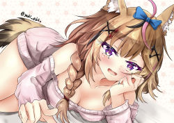 Rule 34 | 1girl, ahoge, animal ears, blonde hair, blue nails, bow, braid, breasts, cherry blossoms, cleavage, collarbone, ebiko yaki, eyelashes, fangs, fingernails, floral background, fox ears, fox tail, hair bow, hair ornament, hair over shoulder, head rest, highres, hololive, lavender sweater, long hair, looking at viewer, lying, medium breasts, messy hair, nail polish, off-shoulder sweater, off shoulder, omaru polka, pointing, pointing at viewer, purple eyes, smile, solo, sweater, tail, thighs, twitter username, virtual youtuber, x hair ornament