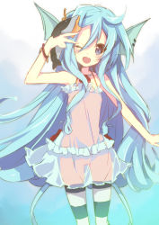 Rule 34 | 10s, 1girl, aqua hair, bermuda triangle, blue eyes, blue hair, cardfight!! vanguard, dolphin, dress, fins, hair ornament, jewelry, long hair, matching hair/eyes, nakamura sandayo, necklace, one eye closed, outstretched arm, see-through, shell, solo, star (symbol), striped clothes, striped thighhighs, stuffed toy, thigh gap, thighhighs, tms entertainment, top idol aqua, transparent, wink